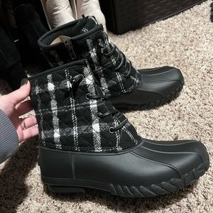 Buffalo plaid duck boots